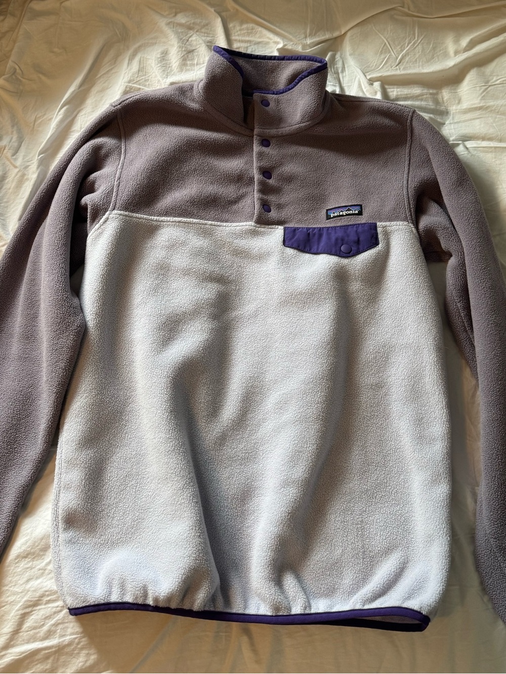 Patagonia Two-Tone Crewneck Fleece - Light Gray & Purple Trim